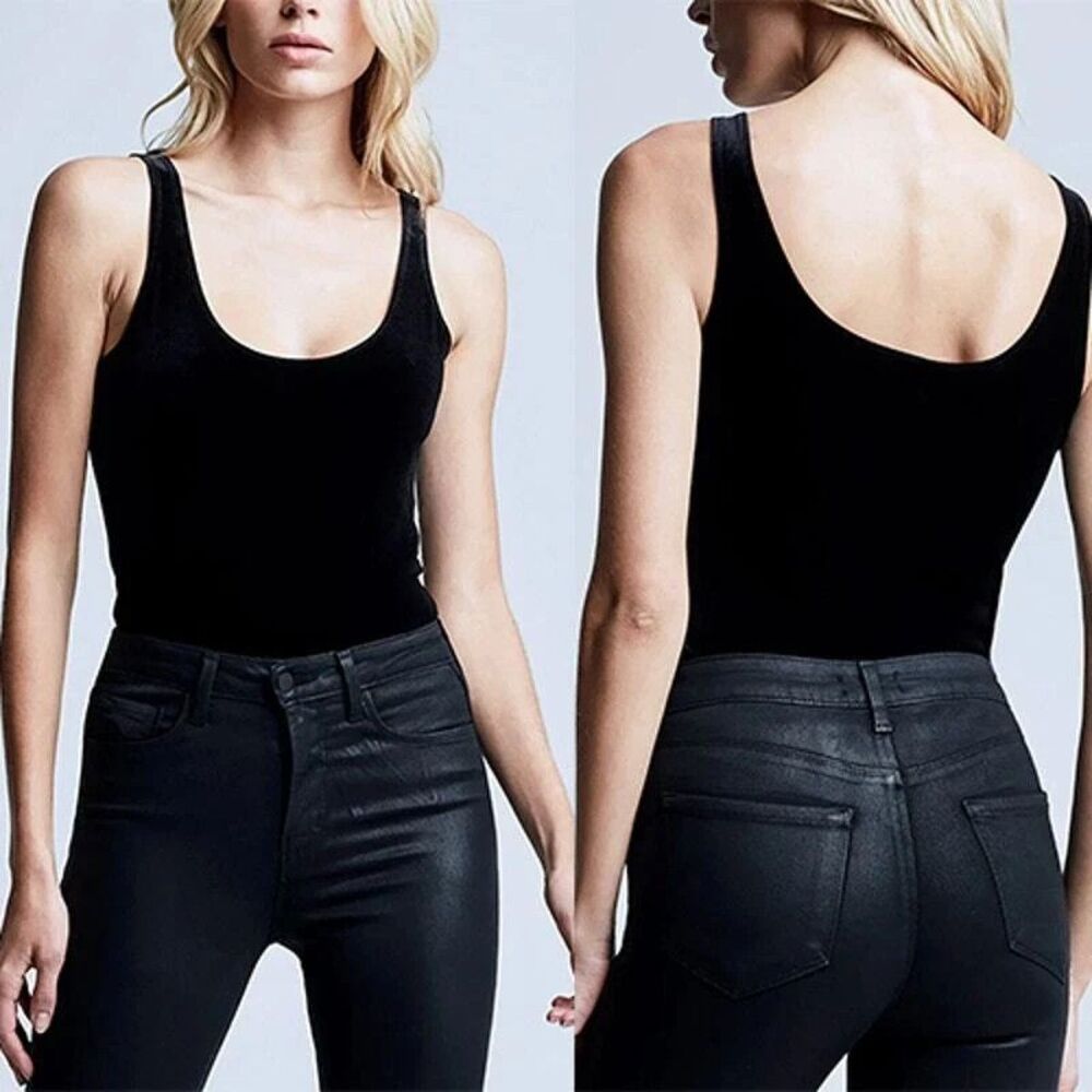 L’AGENCE Joelle Velvet Bodysuit Tank XS Black Slim Stretch Layering EUC B66